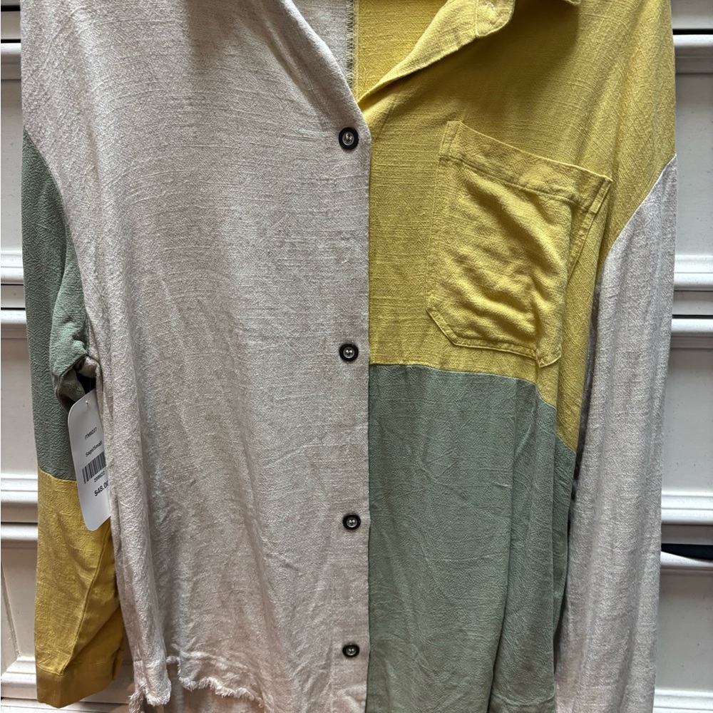 Cream and Yellow Button Down Shirt with Colorblock Design